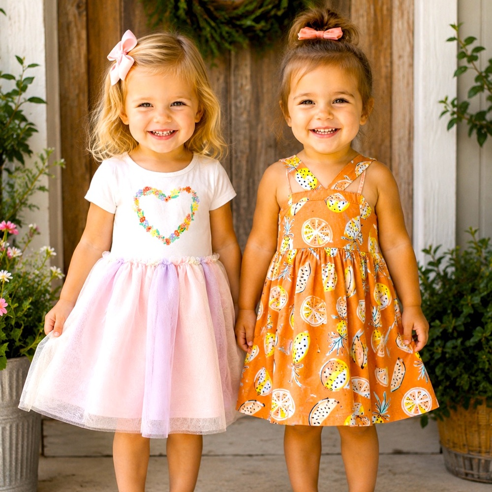 Toddler Girls Dress Lot 2T Fruit Print Summer Dress & Pink Tulle Heart Dress (2)